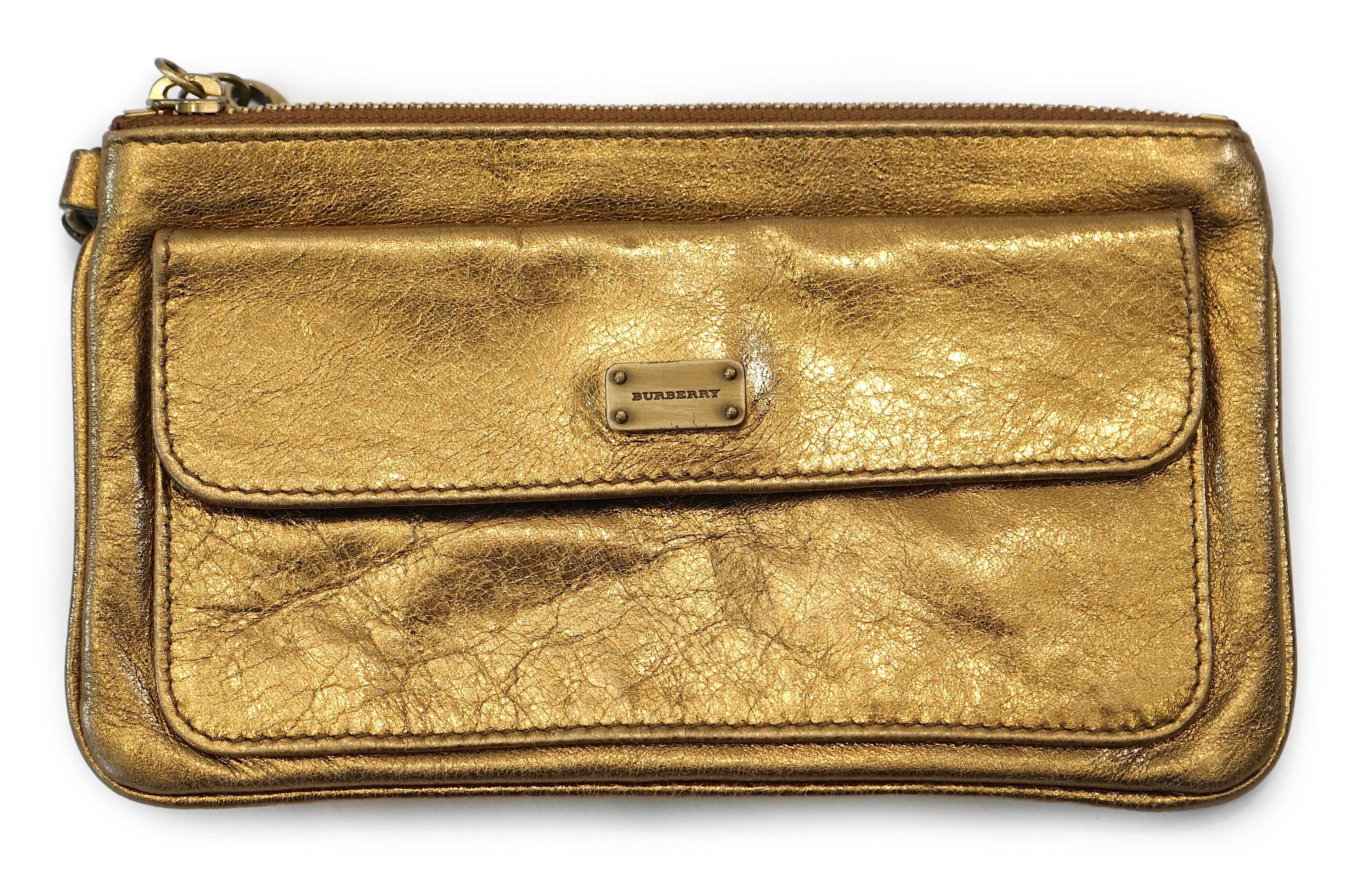 A Burberry gold leather clutch bag with original dust bag, approx length 19.5cm, height 11cm